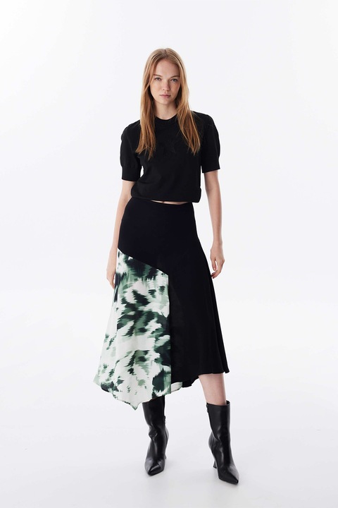 Twist, Fusta cu imprimeu, croiala in A si terminatia asimetrica, Negru/Verde pal
