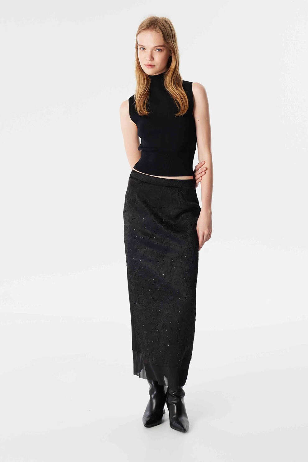 Twist, Fusta dreapta cu insertii de dantela, Negru, 36