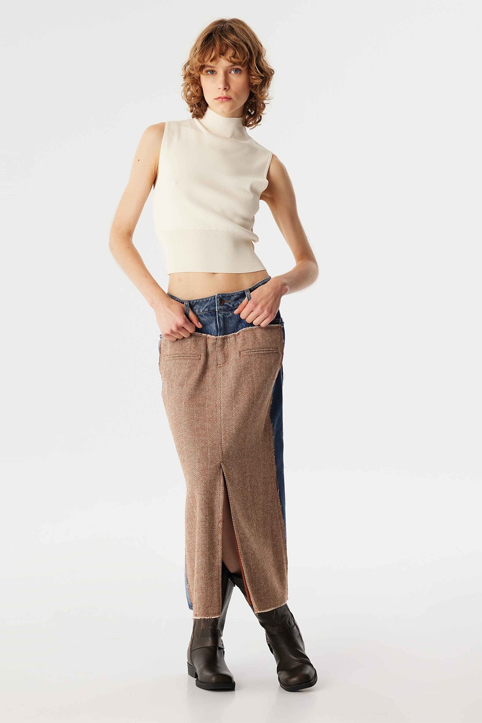 Twist, Fusta de denim cu aspect 2in1 si slit frontal, Albastru, Bej deschis, 36