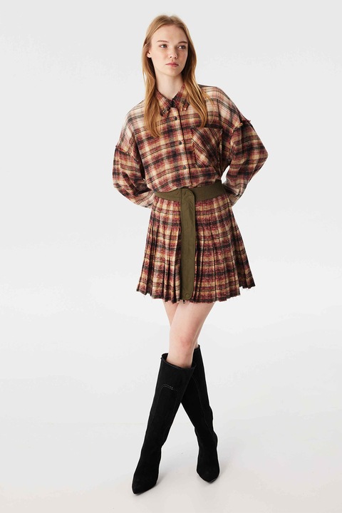 Twist, Fusta de bumbac cu pliuri si model in carouri, Galben sofran/Rosu stins/Bej deschis