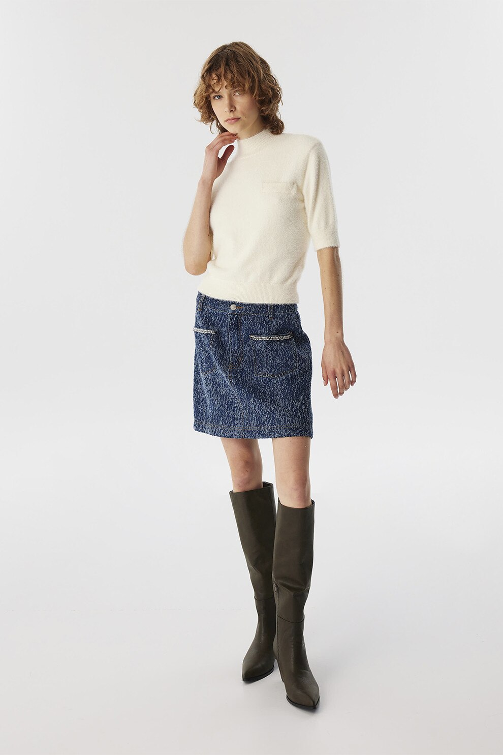 Twist, Fusta mini din amestec de bumbac cu model, Albastru inchis, 38