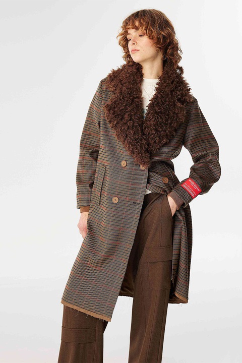 Twist, Palton in carouri cu doua randuri de nasturi, Maro inchis/Rosu stins, 36