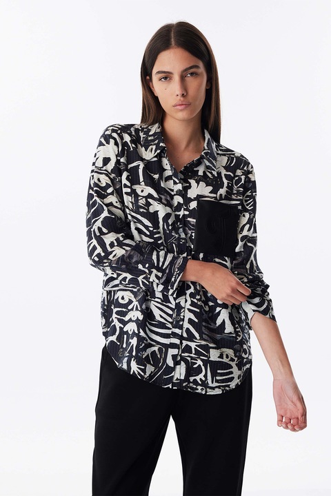 Twist, Camasa cu buzunar pe piept si model, Alb/Negru