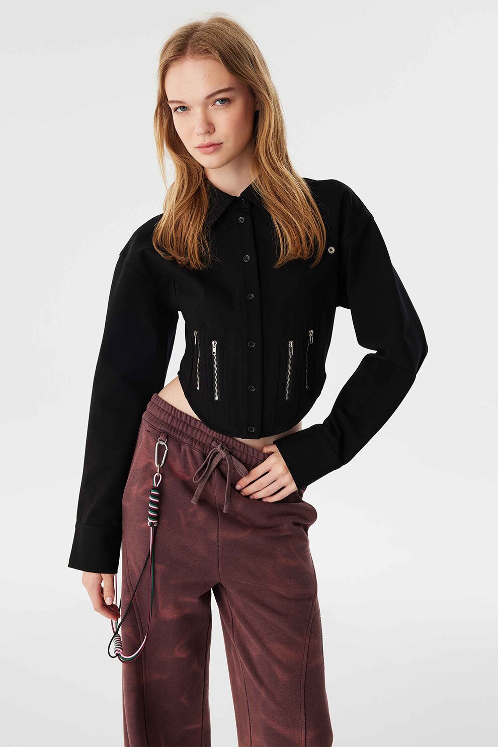 Twist, Camasa crop cu nasturi, Negru, 38