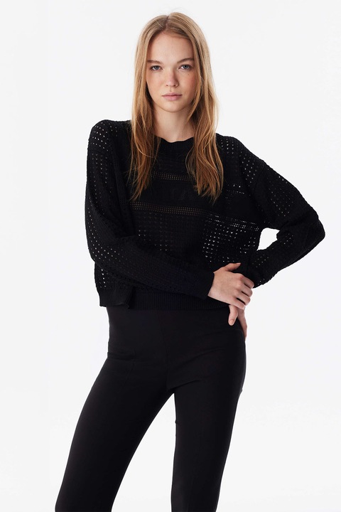 Twist, Pulover cu perforatii si text, Negru