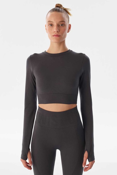 Twist, Bluza crop cu fanta pentru degetul mare, Gri antracit, L