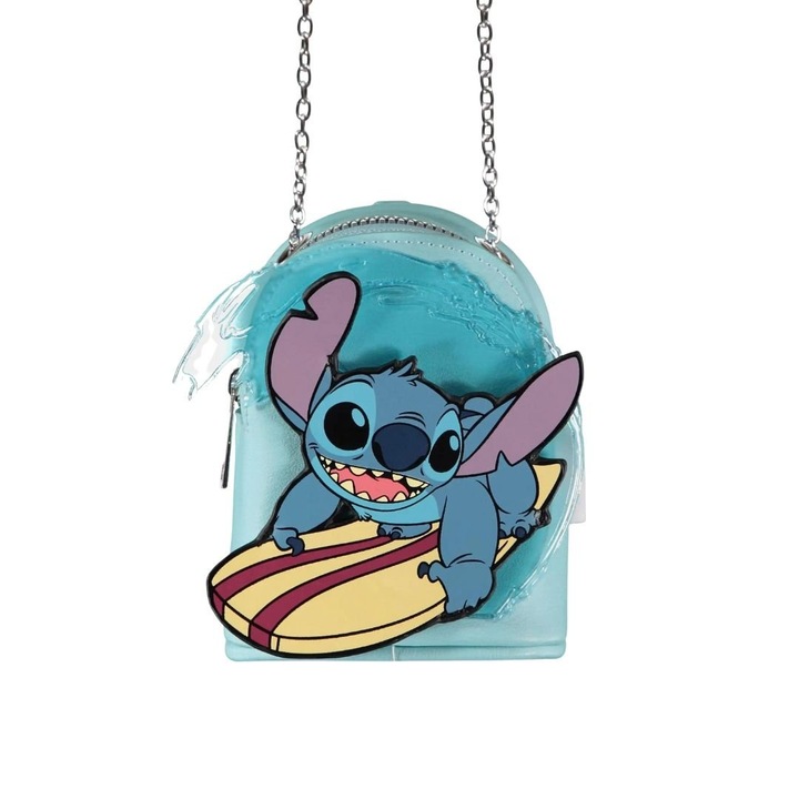 Mikro táska, keresztpántos, Lilo és Stitch, szörfös dizájn, fém lánc, 12x10x4 cm, Difuzed márka