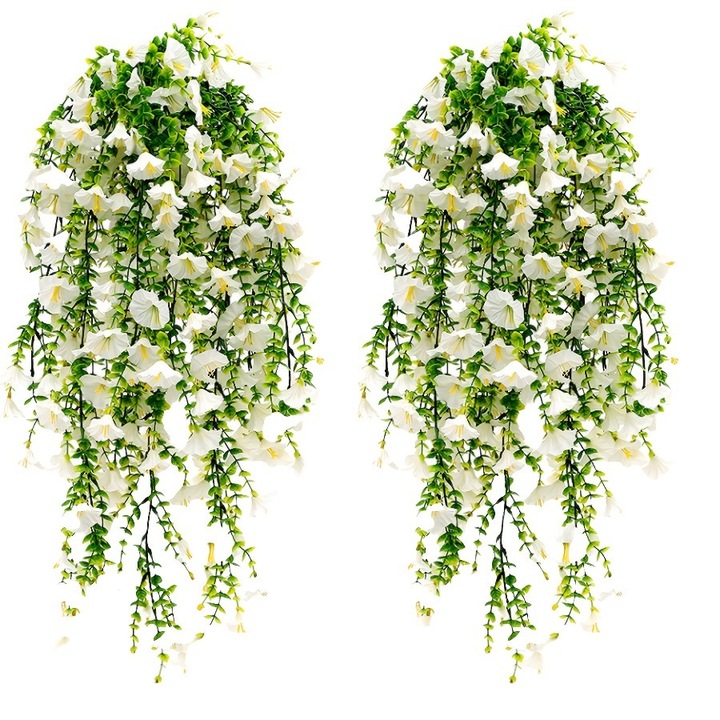 2 db UV-álló műnövény szett, fehér virágok eukaliptusz levelekkel, belső dekoráció, karbantartásmentes