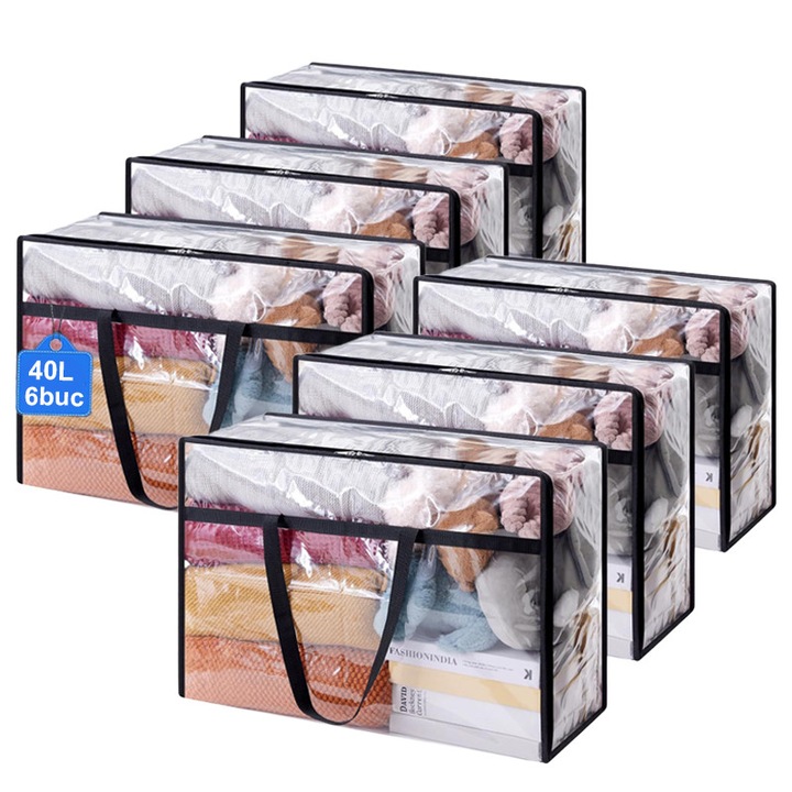 Комплект от 6 чанти за съхранение на дрехи, 40л, 46x38x23 см, 0,20 мм PVC, водоустойчиви, лесни за почистване, сгъваеми, преносими, с дълги и подсилени дръжки, с цип, прозрачни