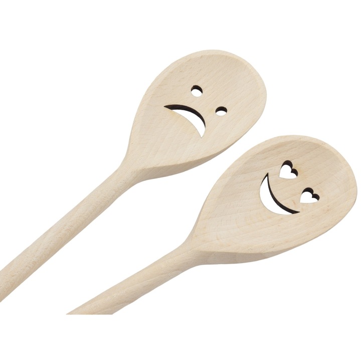 Set 2 linguri de bucatarie din lemn de fag, 30 cm, cu modelul "Zambete"