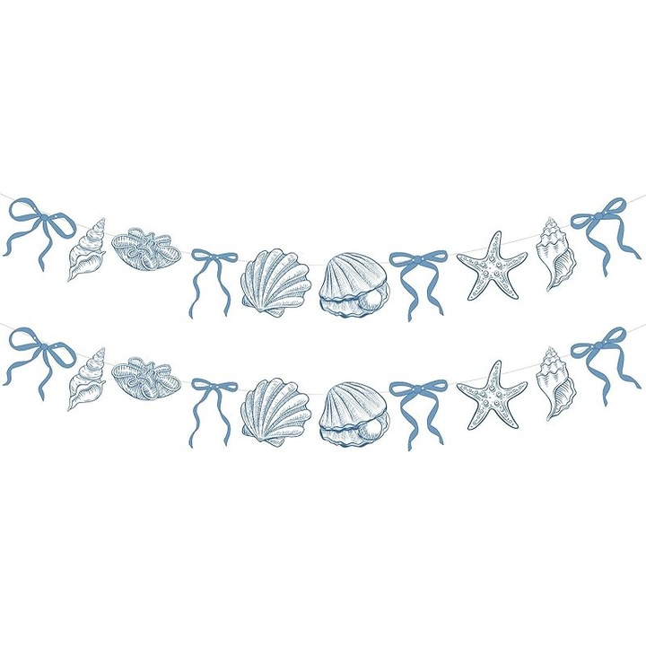 Комплект от 2 декорации за парти, гирлянд със синя панделка, морски звезди и миди, океан, морски, плажно парти, висящ банер, идеален за лято, рожден ден, сватба, ергенско парти, русалка, детско парти, 2м