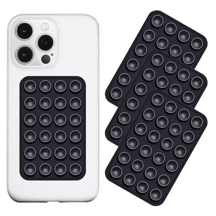 Set 4 suporturi adezive pentru telefon cu ventuze, TodyJeyHo, din silicon, anti-alunecare, negru