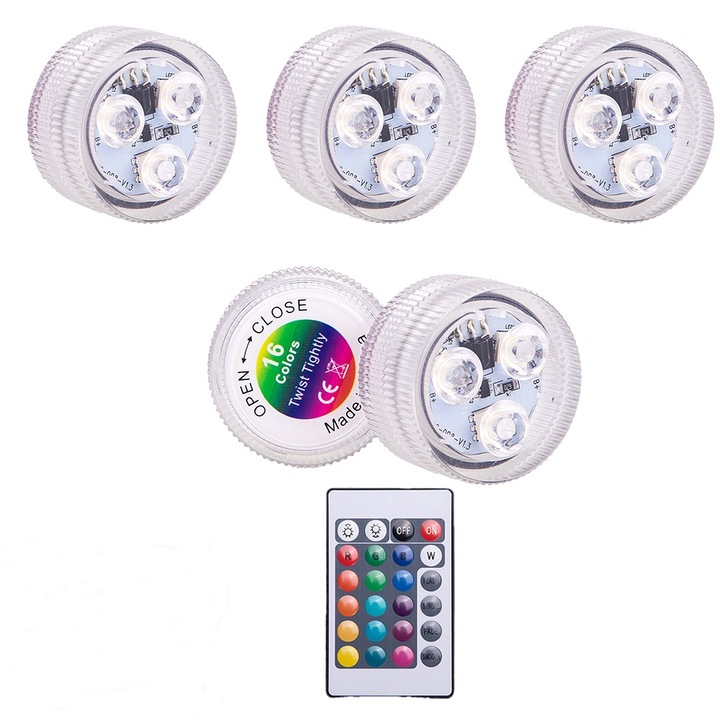 Set 5 becuri led subacvatice pentru piscina, Lampa decorativa pentru vaze, lampa pentru dulapuri, jacuzzi, acvariu, IP68, 16 culori RGB, Cu telecomanda
