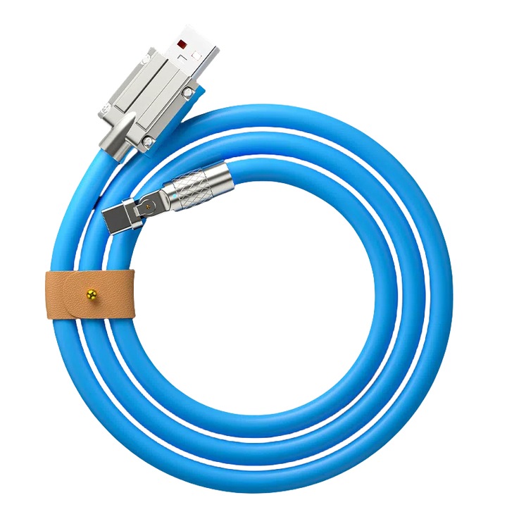 Cablu USB la USB-C, incarcare super rapida 120W, rotativ la 180°, 1m, grosime 6mm, silicon moale, albastru, universal