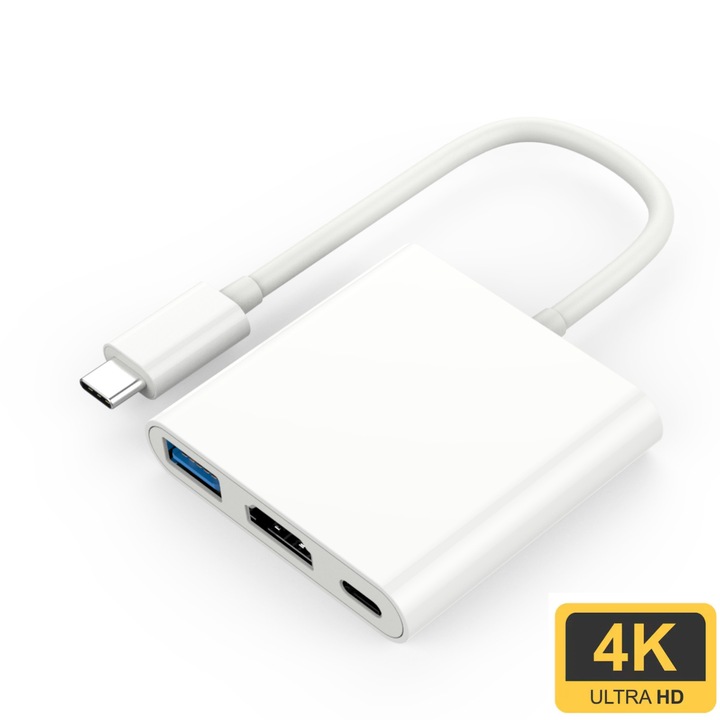 Hub USB-C 3 in 1, Adaptor USB 3.1/M la HDMI 4K, USB 3.0, Incarcare PD, Alb, Compatibil cu MacBook, iPad, Laptopuri Windows, YakiHoki