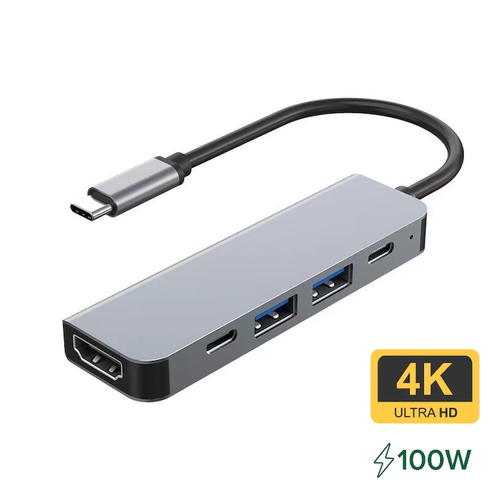 USB-C Hub 5 az 1-ben, HDMI 4K@30Hz, USB 3.0, USB 2.0, USB-C Adatport, USB-C PD 100W, Kompatibilis MacBook, iPad, iPhone 15, XPS, Thinkpad készülékekkel, YakiHoki