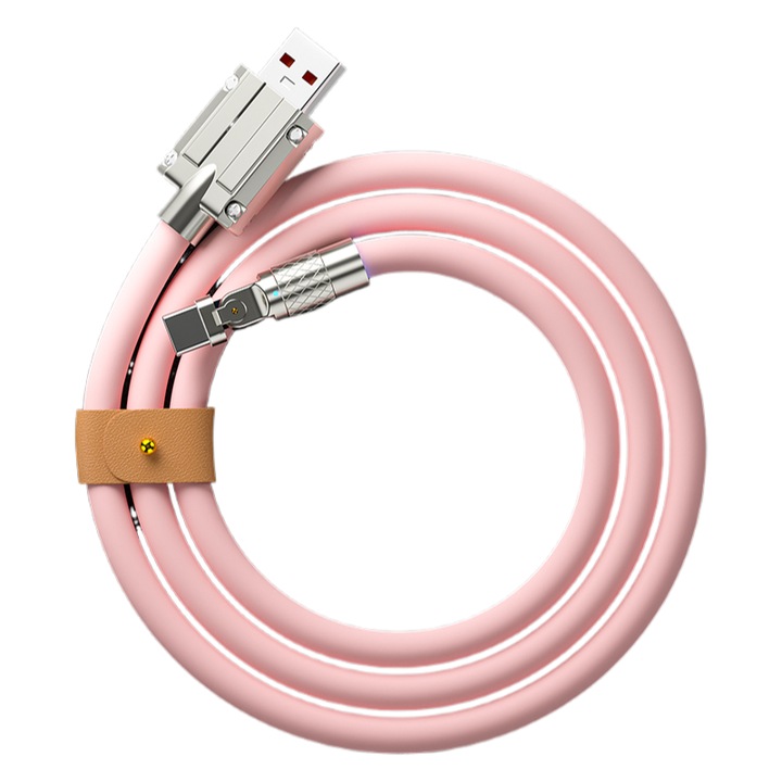 Cablu USB la USB-C, incarcare super rapida 120W, rotativ la 180°, 1m, grosime 6mm, silicon moale, roz, universal