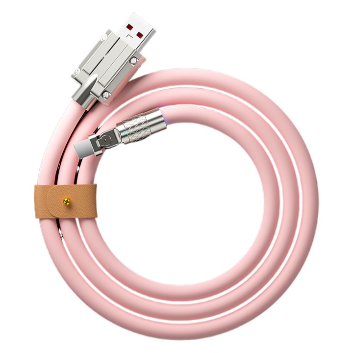 Cablu USB la Lightning, incarcare super rapida 120W, rotativ la 180°, 100cm, grosime 6mm, silicon moale, roz, universal