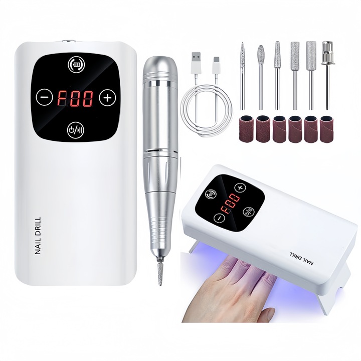 Professzionális 2 az 1-ben körömcsiszoló, kényelmes, 45000 RPM, 2600 mAh, UV lámpa 6 csiszolófejjel, csendes polírozás, akár 10 órás akkumulátor-üzemidő, USB töltőkábellel, fehér