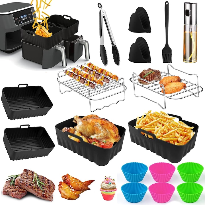 Комплект аксесоари за еър фрайер, 15 части, съвместими 7.6-9.5 литра Airfryer, Тава за печене, Скара, Щипка, Лесни за почистване, За готвене у дома/на открито, печене, къмпинг, Неръждаема стомана