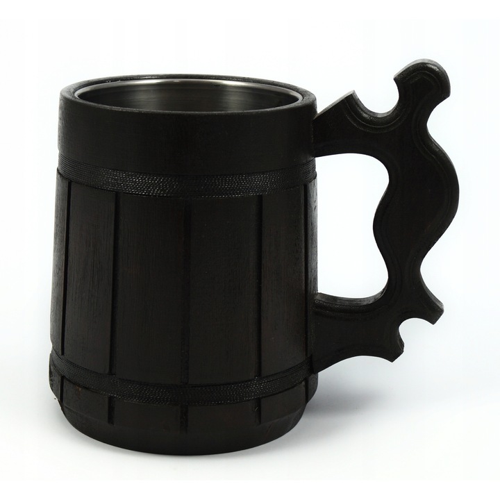 Cana din lemn cu interior din inox, 0,5L, peewit, 14,5x12cm, culoare maro inchis