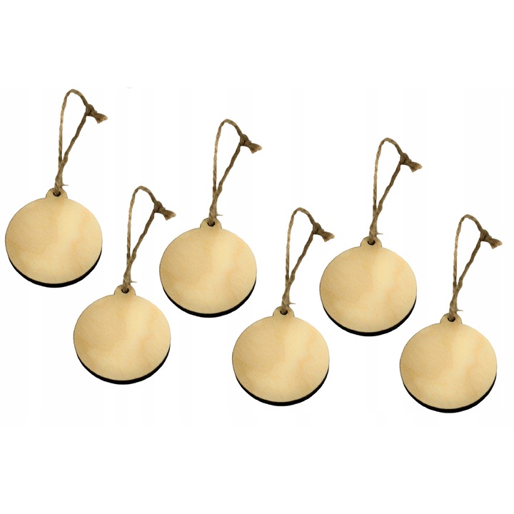 Set 6 globuri de Craciun, lemn, 8cm, grosime 3mm, crem