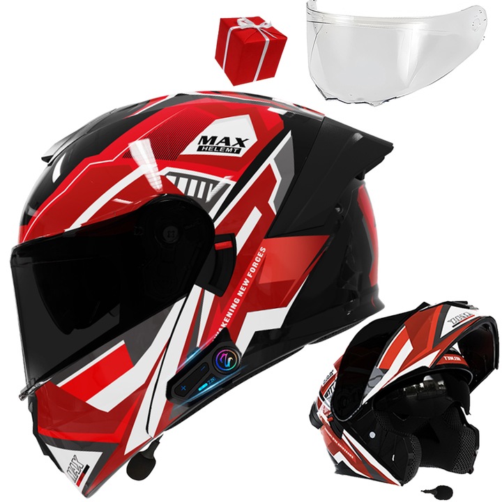 Casca moto integrala, rosu, M, material ABS, cu Bluetooth si lentile DOT, set cu mica neagra si mica transparenta