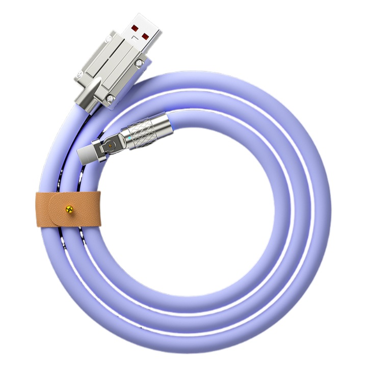 Cablu USB la Lightning, incarcare super rapida 120W, rotativ la 180°, 100cm, grosime 6mm, silicon moale, violet, universal