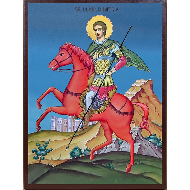 Icoana Sticker cu Cu Sf. Mare Mucenic Dimitrie Izvoratorul De Mir Manual Lucrata, autoadeziv, Cri-Flo, Marime 15 cm