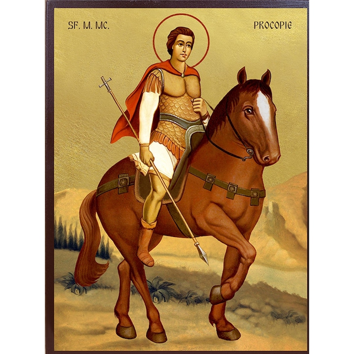 Icoana Sticker cu Cu Sf. M. Mc. Procopie Pe Cal Fundal Auriu, autoadeziv, Cri-Flo, Marime 6 cm