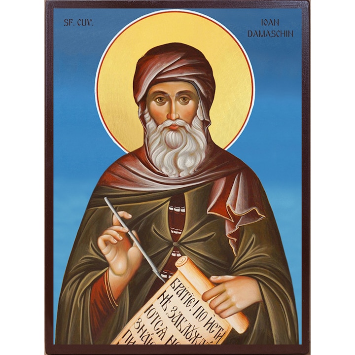 Icoana Sticker cu Cu Sf. Cuvios Ioan Damaschin Fundal Albastru, autoadeziv, Cri-Flo, Marime 6 cm