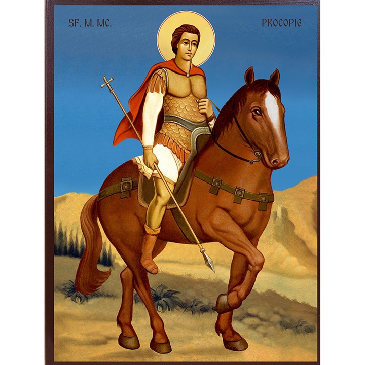 Icoana Sticker cu Cu Sf. Mare Mucenic Procopie Pe Cal Fundal Albastru, autoadeziv, Cri-Flo, Marime 6 cm