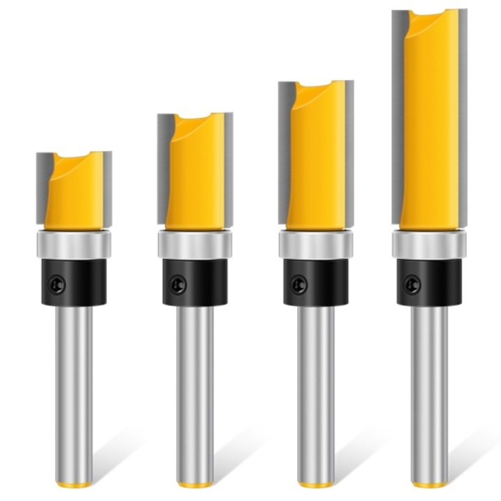 Set 4 freze din carbura de tungsten AjieQaQ, dimensiuni 10x20x25x38mm, tija 1/4", acoperire teflon anti-frictiune, pentru lemn, MDF, PAL