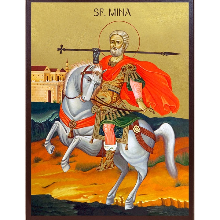 Icoana Sticker cu Cu Sfantul Mina Calare Aurita, autoadeziv, Cri-Flo, Marime 10 cm