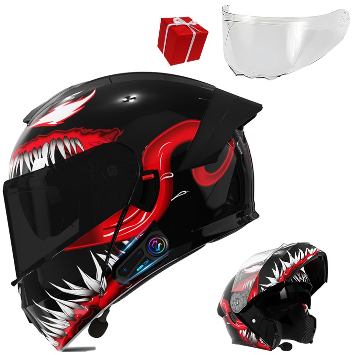 Casca moto integrala, negru/ rosu, L, ABS cu Bluetooth, viziera neagra si transparenta