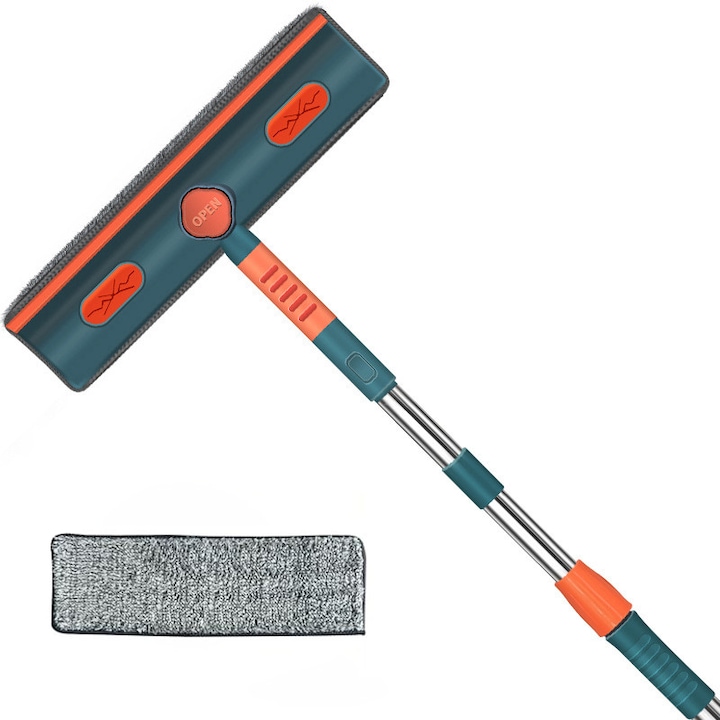 Чистачка за прозорци 2 в 1, дължина 108 см, въртене на 180°, силиконова глава, 1 микрофибърна кърпа, синя