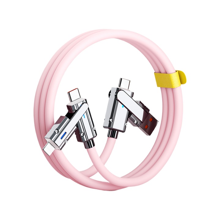 Cablu de incarcare 4 in 1, incarcare super rapida 100W, silicon moale, 1m, roz, universal