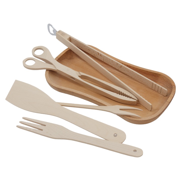 Set ustensile gratar, peewit, 6 elemente, lemn de fag, ecologic, 30x16,5cm