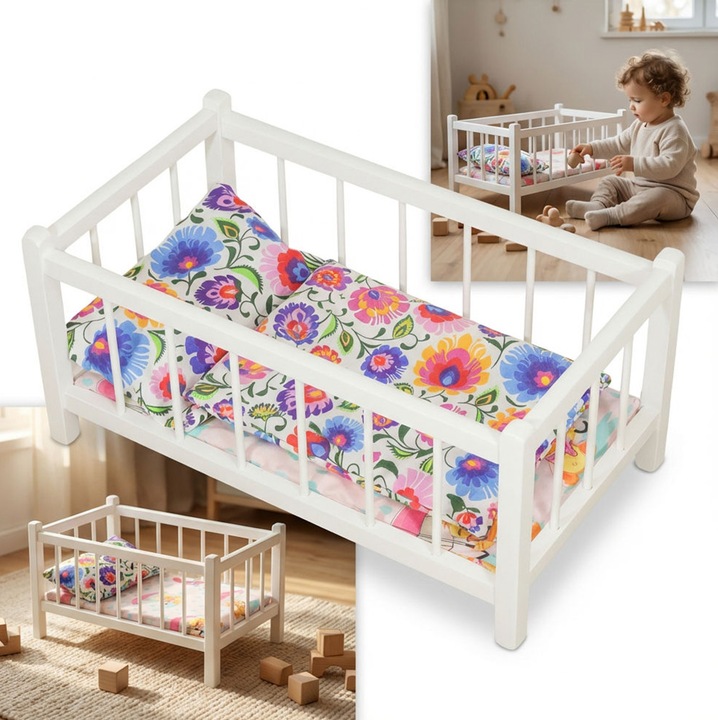 Pat din lemn pentru papusi, Peewit, alb, 49,5x27x23,5cm, cu saltea si lenjerie in model lacatusesc