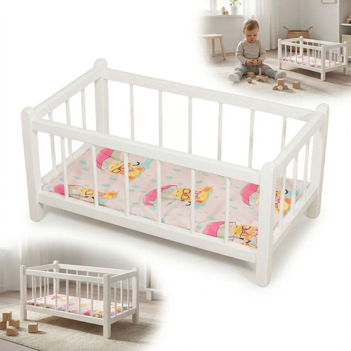 Pat din lemn pentru papusi cu saltea, Peewit, 49,5x27x23,5cm, alb