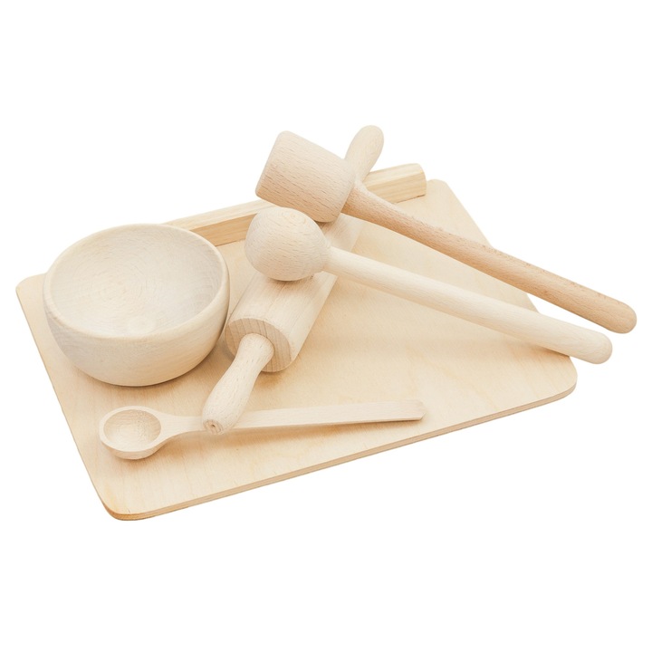 Fa konyhai készlet gyerekeknek, Little Chef, 6 darabos, bükkfa, 15,5x23,5cm