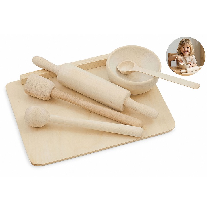 Set de bucatarie din lemn pentru copii, Mica Bucatareasa, 6 piese, lemn de fag, 15,5x23,5cm