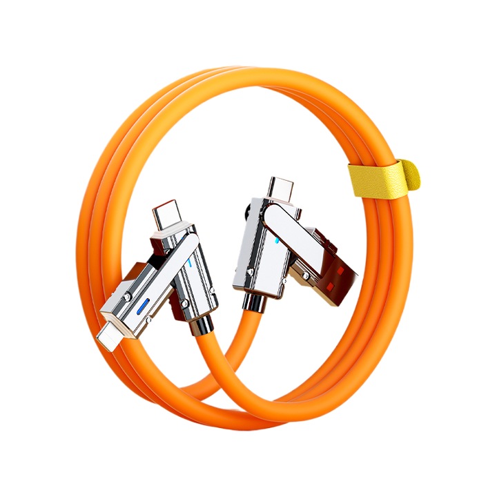 Cablu de incarcare 4 in 1, incarcare super rapida 100W, silicon moale, 1m, portocaliu, universal
