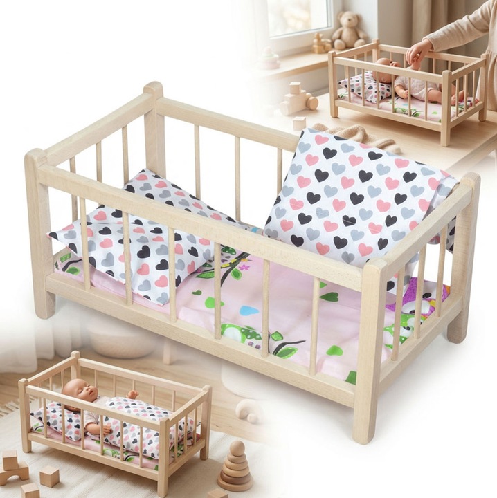 Pat pentru papusi, peewit, naturala, 49,5x27x23,5cm, cu saltea si lenjerie cu inimioare