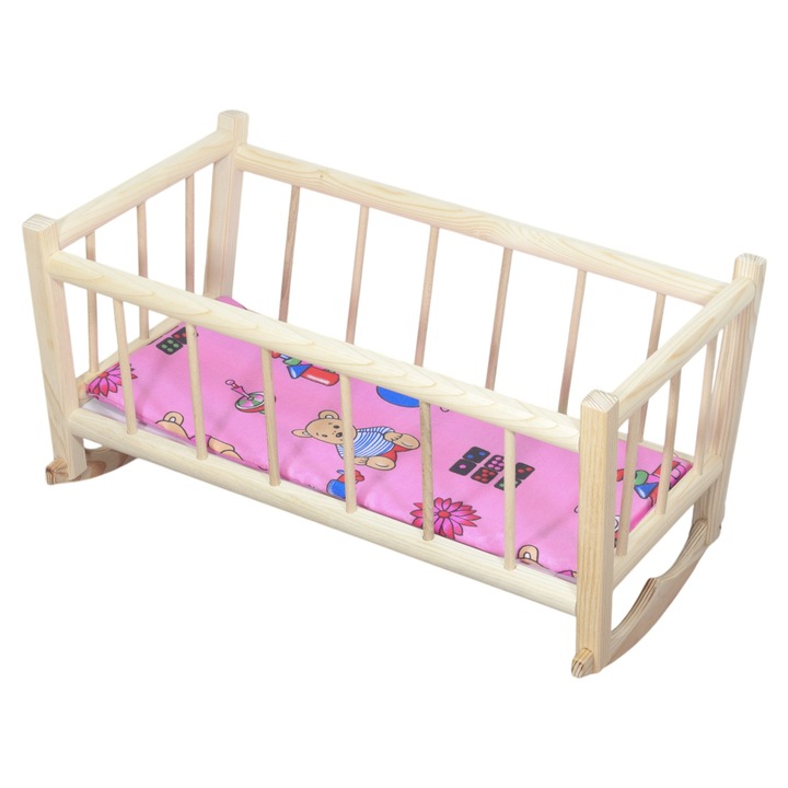 Pat pentru papusi, Peewit, din lemn natural, 48,5x28x27cm, cu saltea