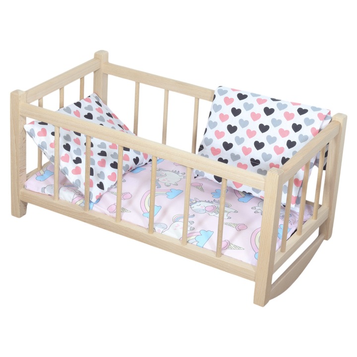 Leagan de papusi, Peewit, leagan din lemn natural cu saltea si lenjerie colorata in inimioare, 49,5x27x25cm