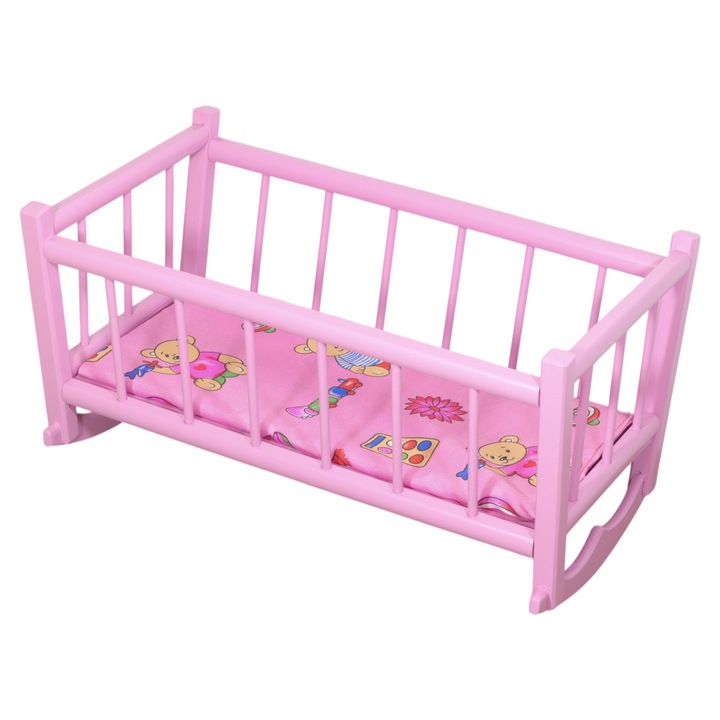Leagan de papusi, Peewit, leagan din lemn cu saltea, roz, 48,5x28x27cm