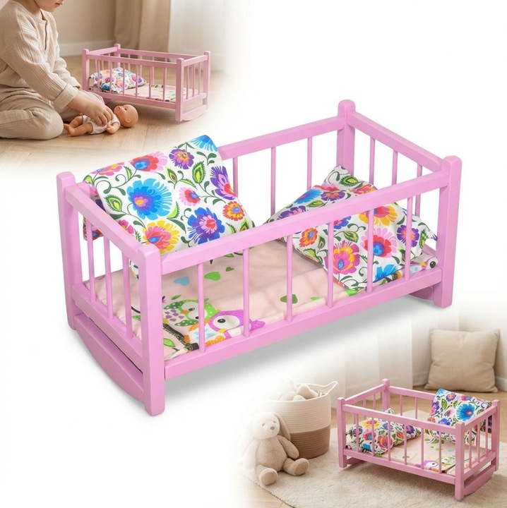 Leagan de papusi, Peewit, leagan din lemn roz, cu saltea si lenjerie in model, 48,5x28x27cm