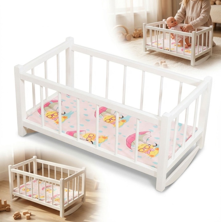 Casuta de papusi, Peewit, balansoar din lemn alb, 49,5x27x25cm, cu saltea