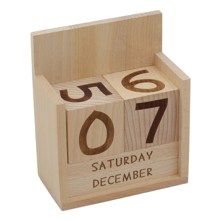 Calendar din lemn pe birou, peewit, set cu blocuri, 12,5x14,5x6,8cm, natural